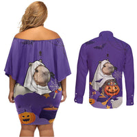 Capy-Boo-Ra Halloween Couples Matching Off Shoulder Short Dress and Long Sleeve Button Shirt Bats And Pumpkins Funny Style - Wonder Print Shop