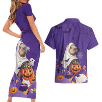 Capy-Boo-Ra Halloween Couples Matching Short Sleeve Bodycon Dress and Hawaiian Shirt Bats And Pumpkins Funny Style - Wonder Print Shop