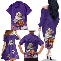 Capy-Boo-Ra Halloween Family Matching Off The Shoulder Long Sleeve Dress and Hawaiian Shirt Bats And Pumpkins Funny Style - Wonder Print Shop