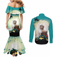 Capy-Boo-Ra Halloween Couples Matching Mermaid Dress and Long Sleeve Button Shirt Spooky Halloween Night With Pumpkins