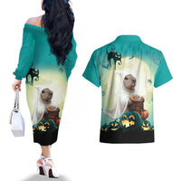 Capy-Boo-Ra Halloween Couples Matching Off The Shoulder Long Sleeve Dress and Hawaiian Shirt Spooky Halloween Night With Pumpkins - Wonder Print Shop