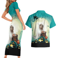 Capy-Boo-Ra Halloween Couples Matching Short Sleeve Bodycon Dress and Hawaiian Shirt Spooky Halloween Night With Pumpkins - Wonder Print Shop