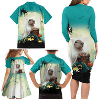 Capy-Boo-Ra Halloween Family Matching Long Sleeve Bodycon Dress and Hawaiian Shirt Spooky Halloween Night With Pumpkins - Wonder Print Shop