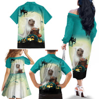 Capy-Boo-Ra Halloween Family Matching Off The Shoulder Long Sleeve Dress and Hawaiian Shirt Spooky Halloween Night With Pumpkins - Wonder Print Shop