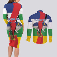 Central African Republic Republic Day 1958 Couples Matching Long Sleeve Bodycon Dress and Long Sleeve Button Shirt Unite, Dignite, Travail - Flag Style - Wonder Print Shop