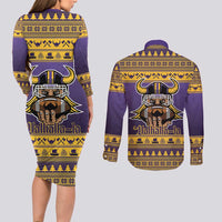 Viking-Inspired Football Christmas Couples Matching Long Sleeve Bodycon Dress and Long Sleeve Button Shirt Valhalla-la Viking Warrior - Wonder Print Shop