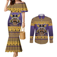 Viking-Inspired Football Christmas Couples Matching Mermaid Dress and Long Sleeve Button Shirt Valhalla-la Viking Warrior - Wonder Print Shop
