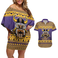 Viking-Inspired Football Christmas Couples Matching Off Shoulder Short Dress and Hawaiian Shirt Valhalla-la Viking Warrior - Wonder Print Shop
