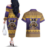 Viking-Inspired Football Christmas Couples Matching Off The Shoulder Long Sleeve Dress and Hawaiian Shirt Valhalla-la Viking Warrior - Wonder Print Shop