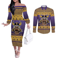 Viking-Inspired Football Christmas Couples Matching Off The Shoulder Long Sleeve Dress and Long Sleeve Button Shirt Valhalla-la Viking Warrior - Wonder Print Shop