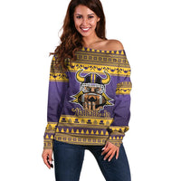 Viking-Inspired Football Christmas Off Shoulder Sweater Valhalla-la Viking Warrior - Wonder Print Shop