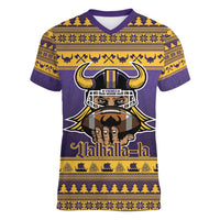 Viking-Inspired Football Christmas Women V-Neck T-Shirt Valhalla-la Viking Warrior - Wonder Print Shop