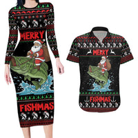 Merry Fishmas Santa Riding Bass Personalized Couples Matching Long Sleeve Bodycon Dress and Hawaiian Shirt Funny Christmas - Wonder Print Shop