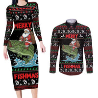 Merry Fishmas Santa Riding Bass Personalized Couples Matching Long Sleeve Bodycon Dress and Long Sleeve Button Shirt Funny Christmas - Wonder Print Shop