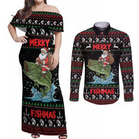 Merry Fishmas Santa Riding Bass Personalized Couples Matching Off Shoulder Maxi Dress and Long Sleeve Button Shirt Funny Christmas - Wonder Print Shop