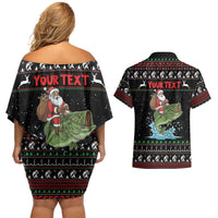 Merry Fishmas Santa Riding Bass Personalized Couples Matching Off Shoulder Short Dress and Hawaiian Shirt Funny Christmas - Wonder Print Shop