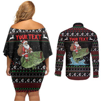 Merry Fishmas Santa Riding Bass Personalized Couples Matching Off Shoulder Short Dress and Long Sleeve Button Shirt Funny Christmas - Wonder Print Shop