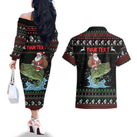 Merry Fishmas Santa Riding Bass Personalized Couples Matching Off The Shoulder Long Sleeve Dress and Hawaiian Shirt Funny Christmas - Wonder Print Shop