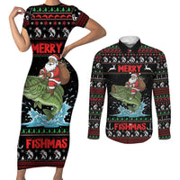 Merry Fishmas Santa Riding Bass Personalized Couples Matching Short Sleeve Bodycon Dress and Long Sleeve Button Shirt Funny Christmas - Wonder Print Shop