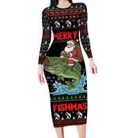 Merry Fishmas Santa Riding Bass Personalized Long Sleeve Bodycon Dress Funny Christmas - Wonder Print Shop