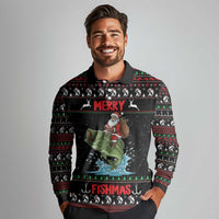 Merry Fishmas Santa Riding Bass Personalized Long Sleeve Polo Shirt Funny Christmas - Wonder Print Shop