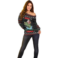 Merry Fishmas Santa Riding Bass Personalized Off Shoulder Sweater Funny Christmas - Wonder Print Shop