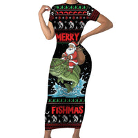 Merry Fishmas Santa Riding Bass Personalized Short Sleeve Bodycon Dress Funny Christmas - Wonder Print Shop