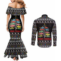 Merry Fishmas Couples Matching Mermaid Dress and Long Sleeve Button Shirt Fishing Christmas Tree Lights - Wonder Print Shop
