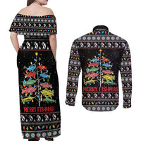 Merry Fishmas Couples Matching Off Shoulder Maxi Dress and Long Sleeve Button Shirt Fishing Christmas Tree Lights - Wonder Print Shop
