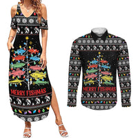 Merry Fishmas Couples Matching Summer Maxi Dress and Long Sleeve Button Shirt Fishing Christmas Tree Lights - Wonder Print Shop