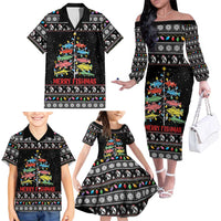 Merry Fishmas Family Matching Off The Shoulder Long Sleeve Dress and Hawaiian Shirt Fishing Christmas Tree Lights - Wonder Print Shop