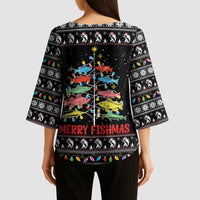 Merry Fishmas Kimono Sleeve Blouse Fishing Christmas Tree Lights - Wonder Print Shop