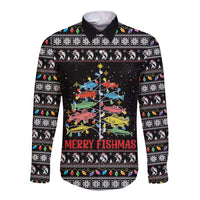 Merry Fishmas Long Sleeve Button Shirt Fishing Christmas Tree Lights - Wonder Print Shop