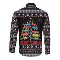 Merry Fishmas Long Sleeve Button Shirt Fishing Christmas Tree Lights - Wonder Print Shop