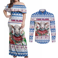 Faroe Islands Christmas Couples Matching Off Shoulder Maxi Dress and Long Sleeve Button Shirt Cute Faroese Sheep Xmas Patterns - Wonder Print Shop
