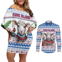 Faroe Islands Christmas Couples Matching Off Shoulder Short Dress and Long Sleeve Button Shirt Cute Faroese Sheep Xmas Patterns - Wonder Print Shop