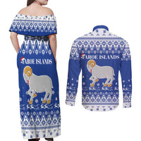 Faroe Islands Christmas Couples Matching Off Shoulder Maxi Dress and Long Sleeve Button Shirt Coat Of Arms Xmas Patterns - Wonder Print Shop