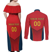 Custom Spain Rugby Couples Matching Off Shoulder Maxi Dress and Long Sleeve Button Shirt Los Leones Lion Mascot
