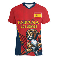 Custom Spain Rugby Women V-Neck T-Shirt Los Leones Lion Mascot - Wonder Print Shop
