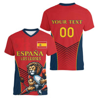 Custom Spain Rugby Women V-Neck T-Shirt Los Leones Lion Mascot - Wonder Print Shop