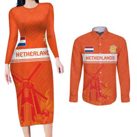 Custom Netherlands Rugby Couples Matching Long Sleeve Bodycon Dress and Long Sleeve Button Shirt Windmill and Tulips With Jersey Pattern