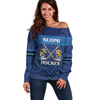 Finland Hockey Custom Off Shoulder Sweater Suomi Lion Ice Pride 2026 Blue Version