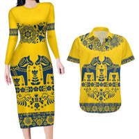 Sweden Daleclarian Horse Couples Matching Long Sleeve Bodycon Dress and Hawaiian Shirt Floral Folk Pattern Yellow Version