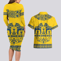 Sweden Daleclarian Horse Couples Matching Long Sleeve Bodycon Dress and Hawaiian Shirt Floral Folk Pattern Yellow Version