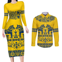 Sweden Daleclarian Horse Couples Matching Long Sleeve Bodycon Dress and Long Sleeve Button Shirt Floral Folk Pattern Yellow Version
