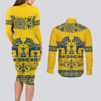 Sweden Daleclarian Horse Couples Matching Long Sleeve Bodycon Dress and Long Sleeve Button Shirt Floral Folk Pattern Yellow Version