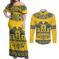 Sweden Daleclarian Horse Couples Matching Off Shoulder Maxi Dress and Long Sleeve Button Shirt Floral Folk Pattern Yellow Version