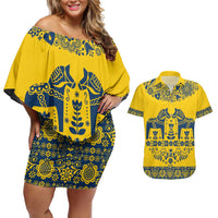 Sweden Daleclarian Horse Couples Matching Off Shoulder Short Dress and Hawaiian Shirt Floral Folk Pattern Yellow Version