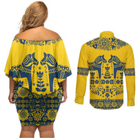 Sweden Daleclarian Horse Couples Matching Off Shoulder Short Dress and Long Sleeve Button Shirt Floral Folk Pattern Yellow Version
