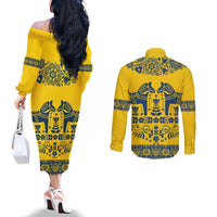 Sweden Daleclarian Horse Couples Matching Off The Shoulder Long Sleeve Dress and Long Sleeve Button Shirt Floral Folk Pattern Yellow Version